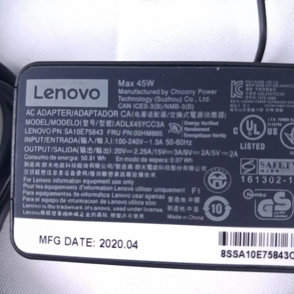 Lenovo 45W USB-C AC Adapter Charger ADLX45YCC3A SA10E75843 00HM665 Laptop Power